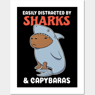 Easily Distracted by Sharks and Capybaras Cartoon Posters and Art